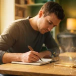 Homme concentré qui écrit dans un carnet à son bureau, avec son téléphone lumineux posé à côté de lui
