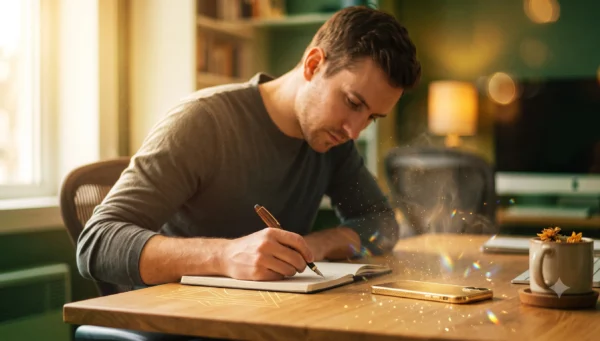 Homme concentré qui écrit dans un carnet à son bureau, avec son téléphone lumineux posé à côté de lui