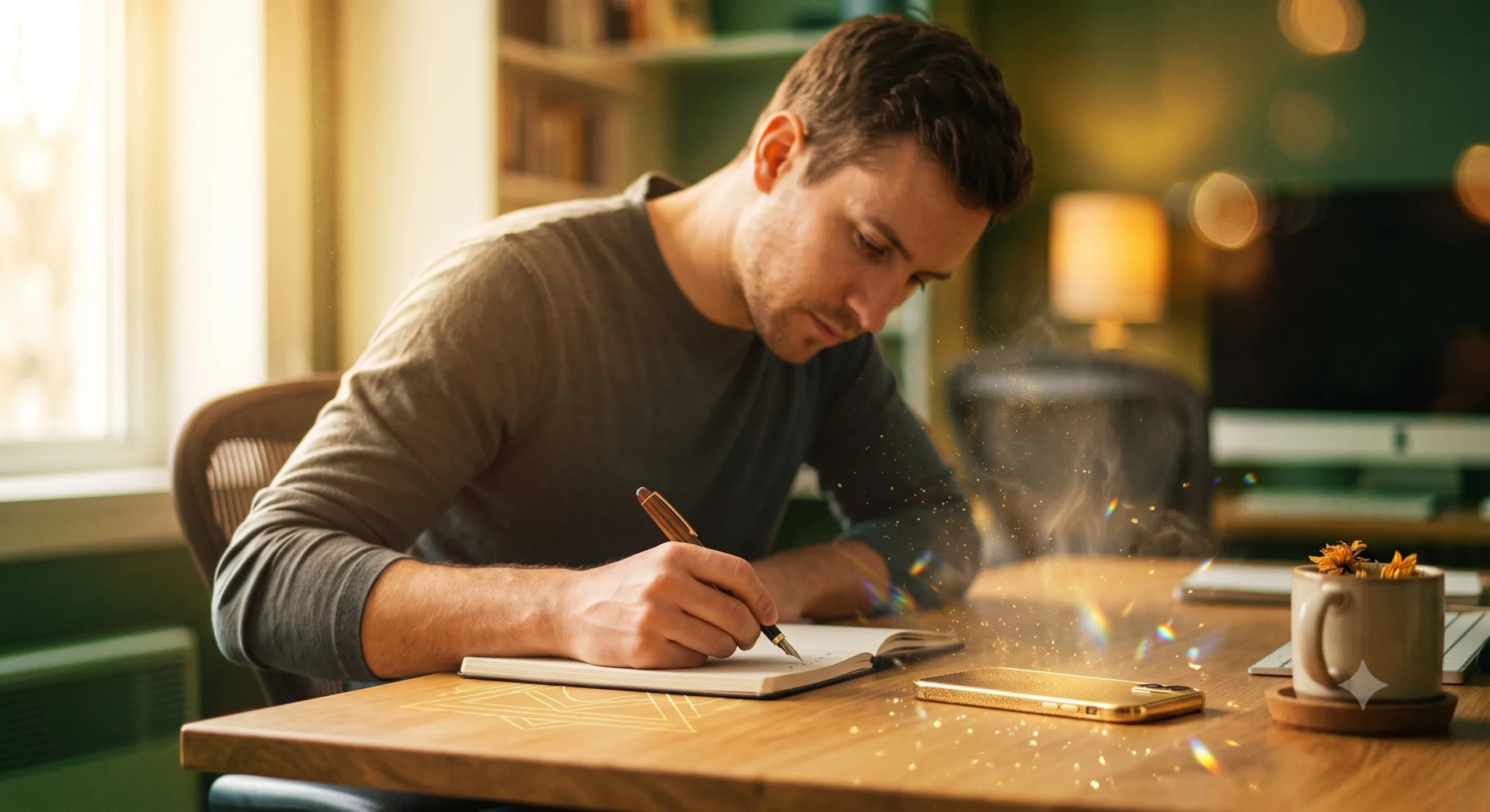 Homme concentré qui écrit dans un carnet à son bureau, avec son téléphone lumineux posé à côté de lui